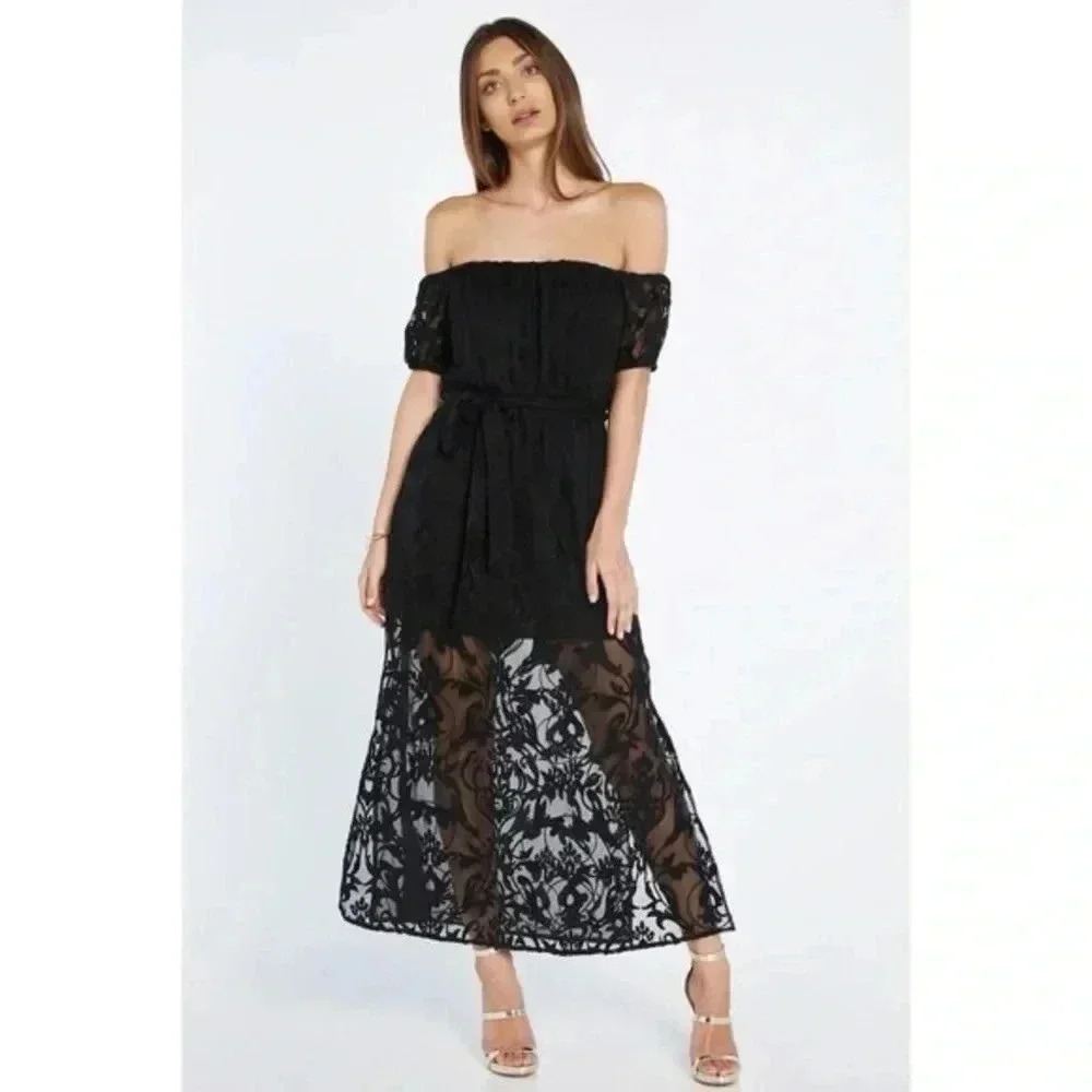 Bardot Black Off The Shoulders Lace Overlay Gracie Midi Dress Size 4 XS